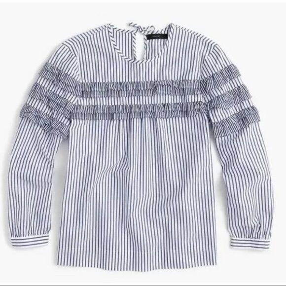 J. Crew Tiered Ruffle Stripe Blouse Blue White 2 Cotton - Picture 5 of 10